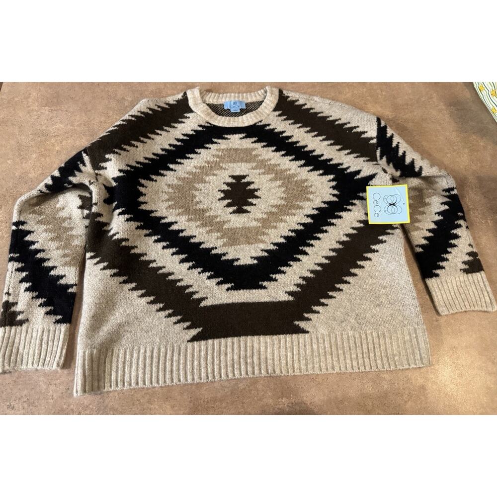CeCe Women's Cozy Crewneck Aztec Long Sleeve Cream Black Sweater,Size Small NWT - Picture 5 of 9